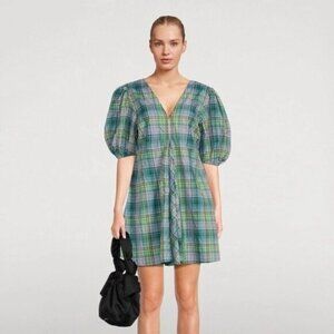 Ganni Seersucker Check Puff Sleeve V-Neck Mini Dress in Lagoon Size 42 US 10/12